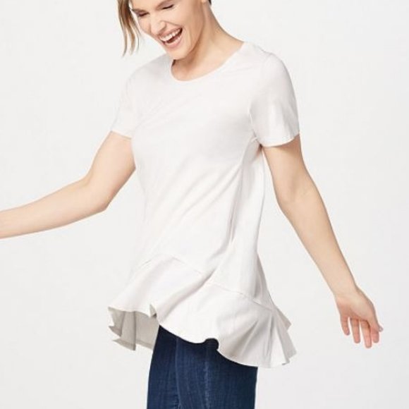 LOGO by Lori Goldstein Tops - LOGO Short Sleeve Knit Top with Asymmetric Hem